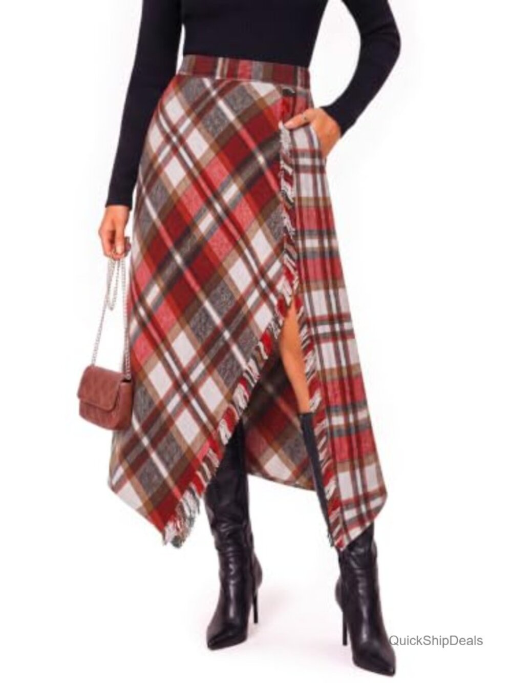 Women's Plaid Wrap Midi Skirt High Waist Asymmetrical Slit Tartan